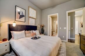 San Antonio apartment for rent - A bedroom with a large bed and a nightstand with a lamp.