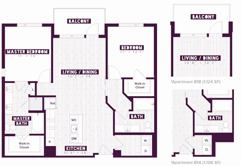 Floor plan for 2 beds, 2 baths, 1106 sqft