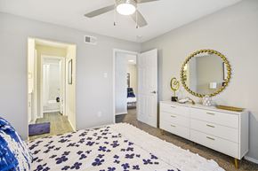 Austin apartment for rent - A bedroom with a bed, dresser, mirror and a ceiling fan.