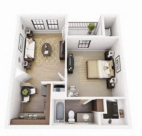 Floor plan for 1 bed, 1 bath, 597 sqft
