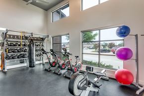 Burleson apartment for rent - Bright gym featuring free weights, punching bag, cardio bikes, and natural light.