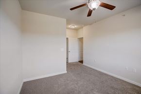 Kyle apartment for rent - Spacious carpeted bedroom with ceiling fan and walk-in closet entry.