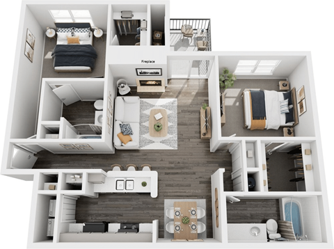 Floor plan for 2 beds, 2 baths, 1096 sqft