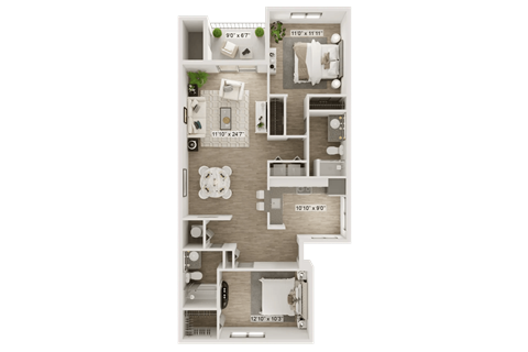 Floor plan for 2 beds, 2 baths, 1035 sqft