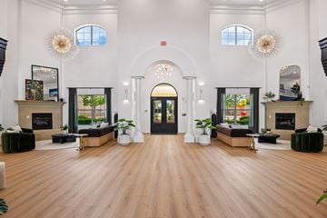 Lewisville apartment for rent - A large, open-concept living space with a fireplace, couches, and a large arched doorway.