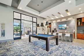 Austin apartment for rent - A pool table is in the middle of a room with a blue carpet.