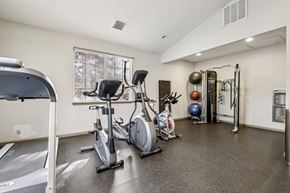 Denver apartment for rent - A well-equipped gym with treadmills, exercise bikes, and free weights.