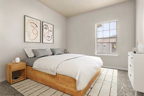 Buda apartment for rent - Primary bedroom with platform bed, modern wall art, and large window.