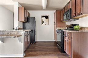 Buda apartment for rent - Galley kitchen with espresso cabinets, black appliances, and breakfast bar countertops.