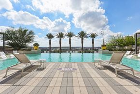 San Antonio apartment for rent - A pool surrounded by palm trees and lounge chairs.