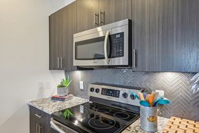 Mckinney apartment for rent - A modern kitchen with a stainless steel oven and microwave above it.