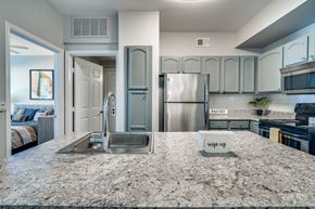 Lewisville apartment for rent - a kitchen with stainless steel appliances and granite counter tops