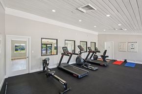 Clearwater apartment for rent - A spacious gym with treadmills, exercise bikes, and yoga mats.