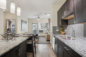 Farmers Branch apartment for rent - A modern kitchen with dark wood cabinets and a granite countertop.