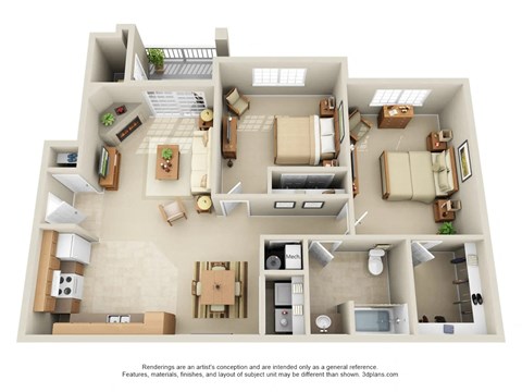 Floor plan for 2 beds, 1 bath, 978 sqft