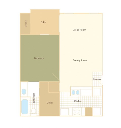 Floor plan for 1 bed, 1 bath, 637 sqft