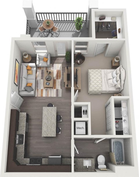 Floor plan for 1 bed, 1 bath, 644 sqft