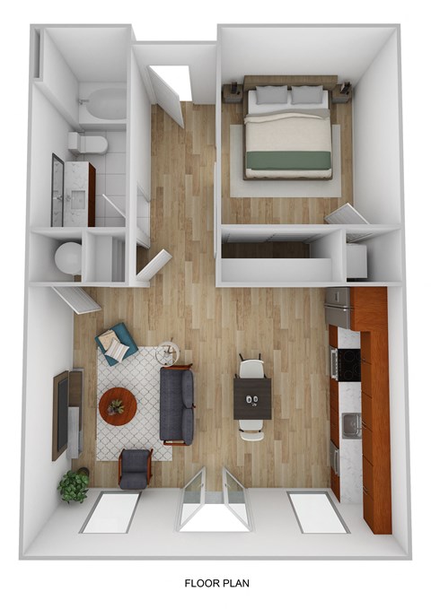 Floor plan for 1 bed, 1 bath, 677 sqft