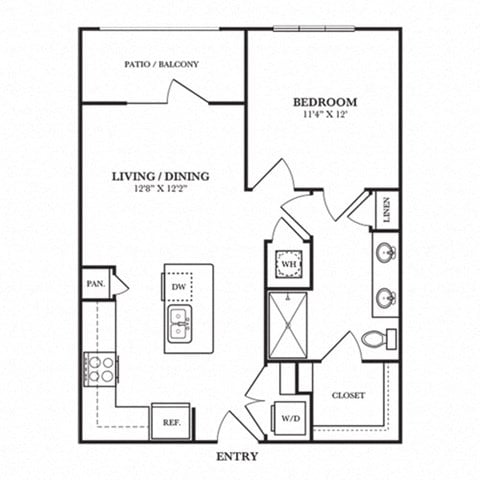 Floor plan for 1 bed, 1 bath, 677 sqft