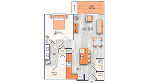 Floor plan for 1 bed, 1 bath, 814 sqft