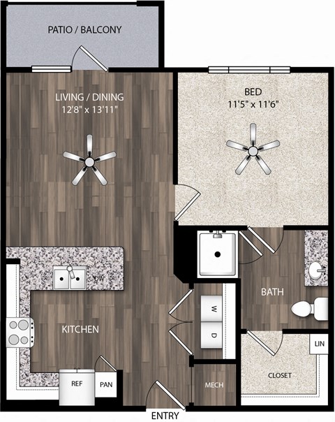 Floor plan for 1 bed, 1 bath, 650 sqft