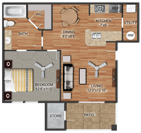 Floor plan for 1 bed, 1 bath