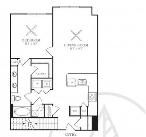 Floor plan for 1 bed, 1 bath, 883 sqft