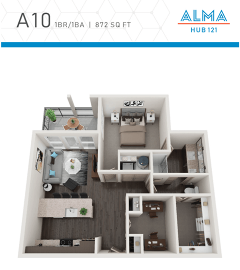 Floor plan for 1 bed, 1 bath, 872 sqft