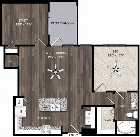 Floor plan for 1 bed, 1 bath
