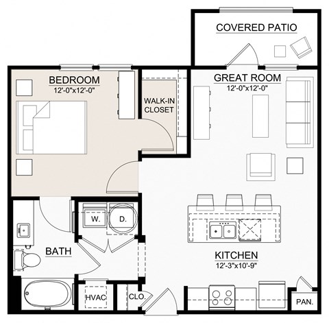 Floor plan for 1 bed, 1 bath, 703 sqft