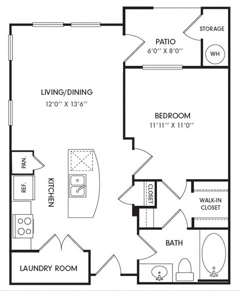 Floor plan for 1 bed, 1 bath, 626 sqft