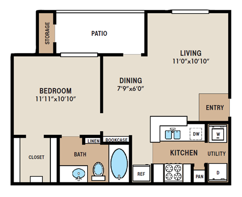 Floor plan for 1 bed, 1 bath, 658 sqft