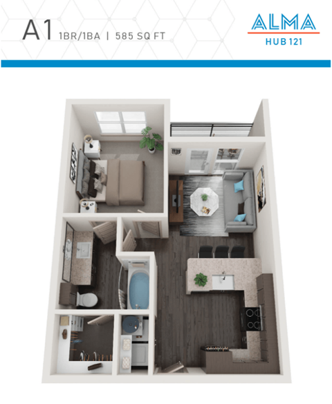 Floor plan for 1 bed, 1 bath, 585 sqft