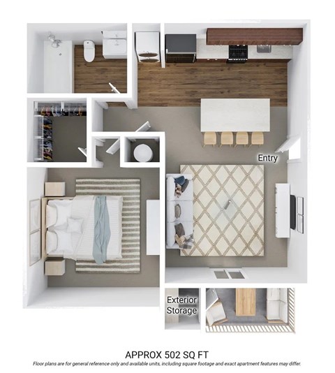 Floor plan for 1 bed, 1 bath, 502 sqft