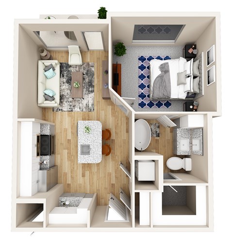 Floor plan for 1 bed, 1 bath, 631 sqft