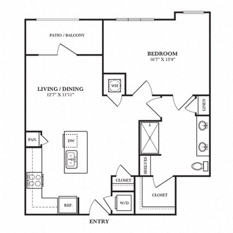Floor plan for 1 bed, 1 bath, 818 sqft