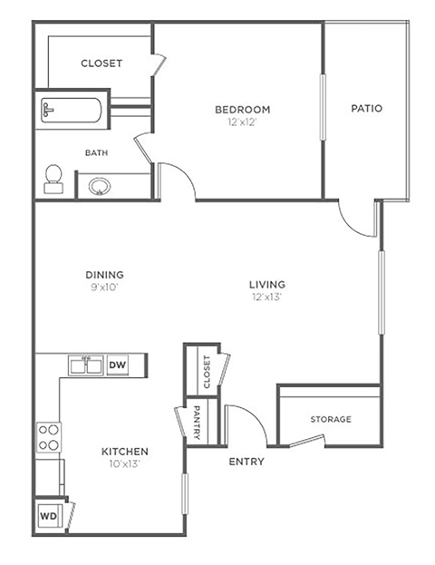 Floor plan for 1 bed, 1 bath, 777 sqft