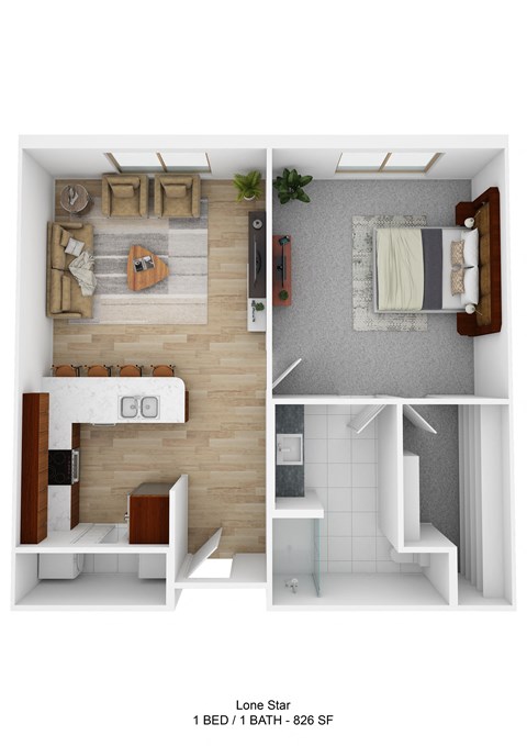 Floor plan for 1 bed, 1 bath, 826 sqft