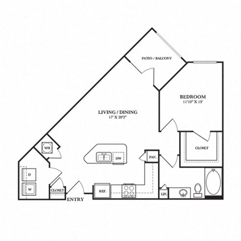 Floor plan for 1 bed, 1 bath, 722 sqft