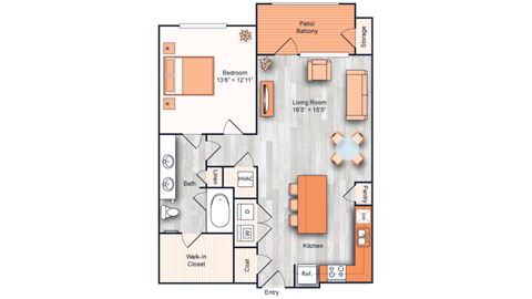 Floor plan for 1 bed, 1 bath, 884 sqft
