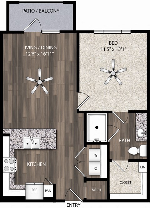 Floor plan for 1 bed, 1 bath, 725 sqft