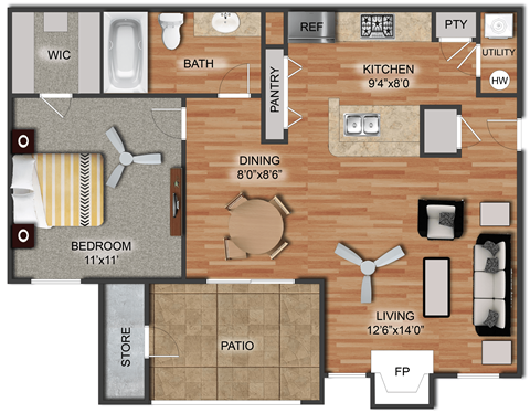 Floor plan for 1 bed, 1 bath