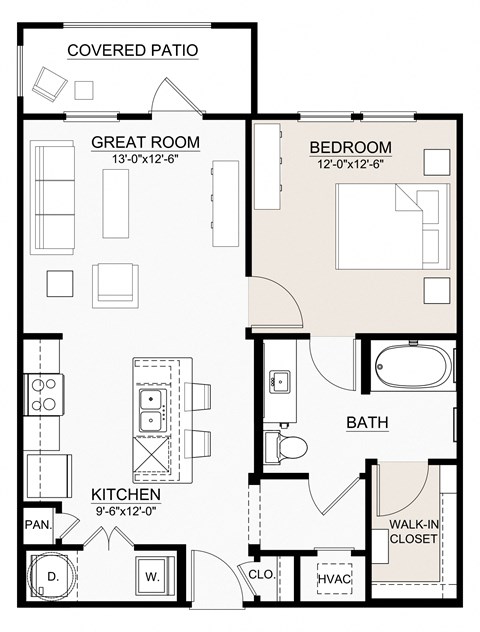 Floor plan for 1 bed, 1 bath, 848 sqft