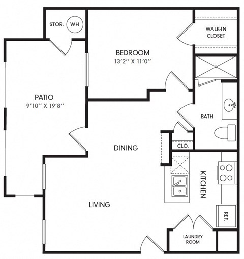 Floor plan for 1 bed, 1 bath, 679 sqft