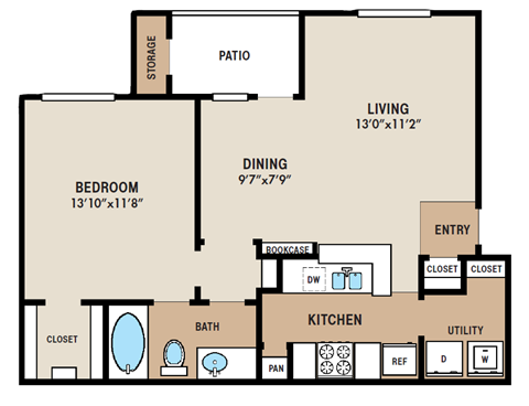 Floor plan for 1 bed, 1 bath, 767 sqft