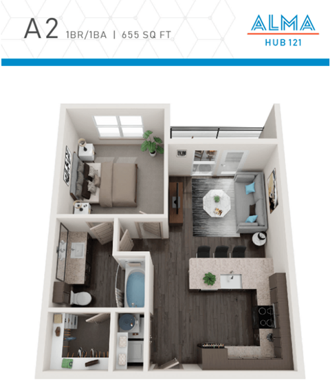 Floor plan for 1 bed, 1 bath, 655 sqft