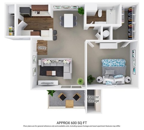 Floor plan for 1 bed, 1 bath, 600 sqft
