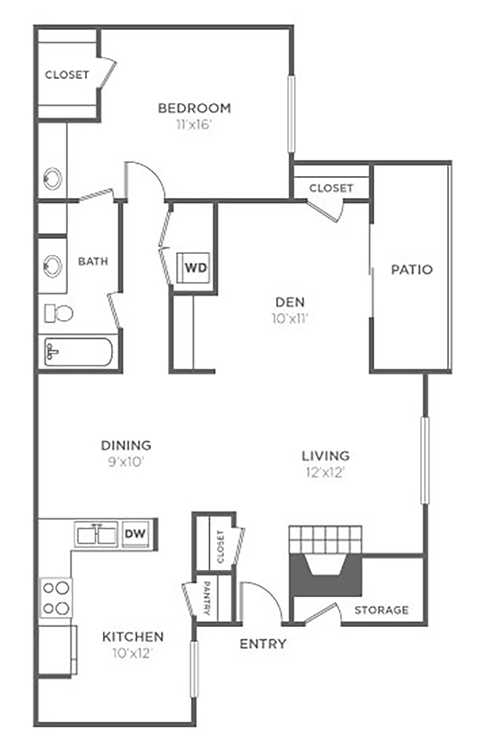 Floor plan for 1 bed, 1 bath, 1013 sqft