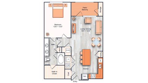 Floor plan for 1 bed, 1 bath, 918 sqft
