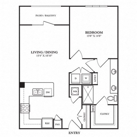Floor plan for 1 bed, 1 bath, 834 sqft